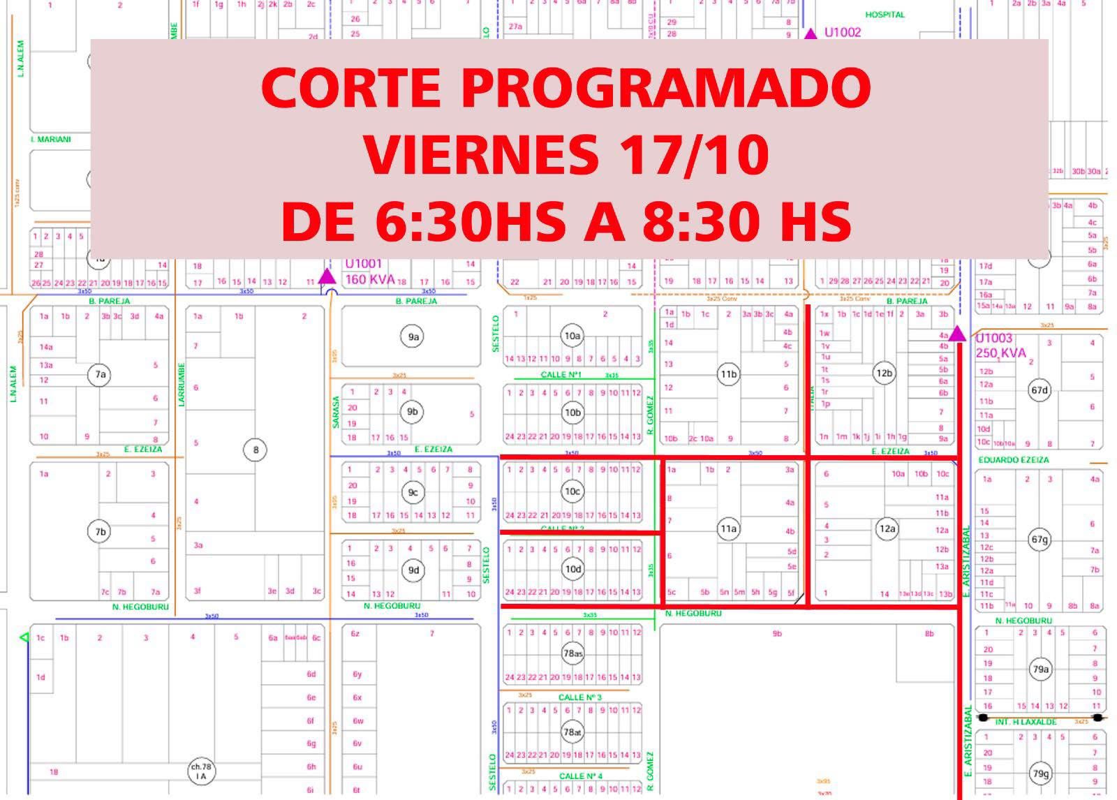 Mapa de corte de energía con calles afectadas en color rojo.